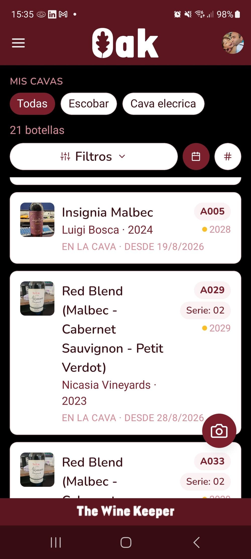 Colección de vinos en Oak, con ventana de consumo y series